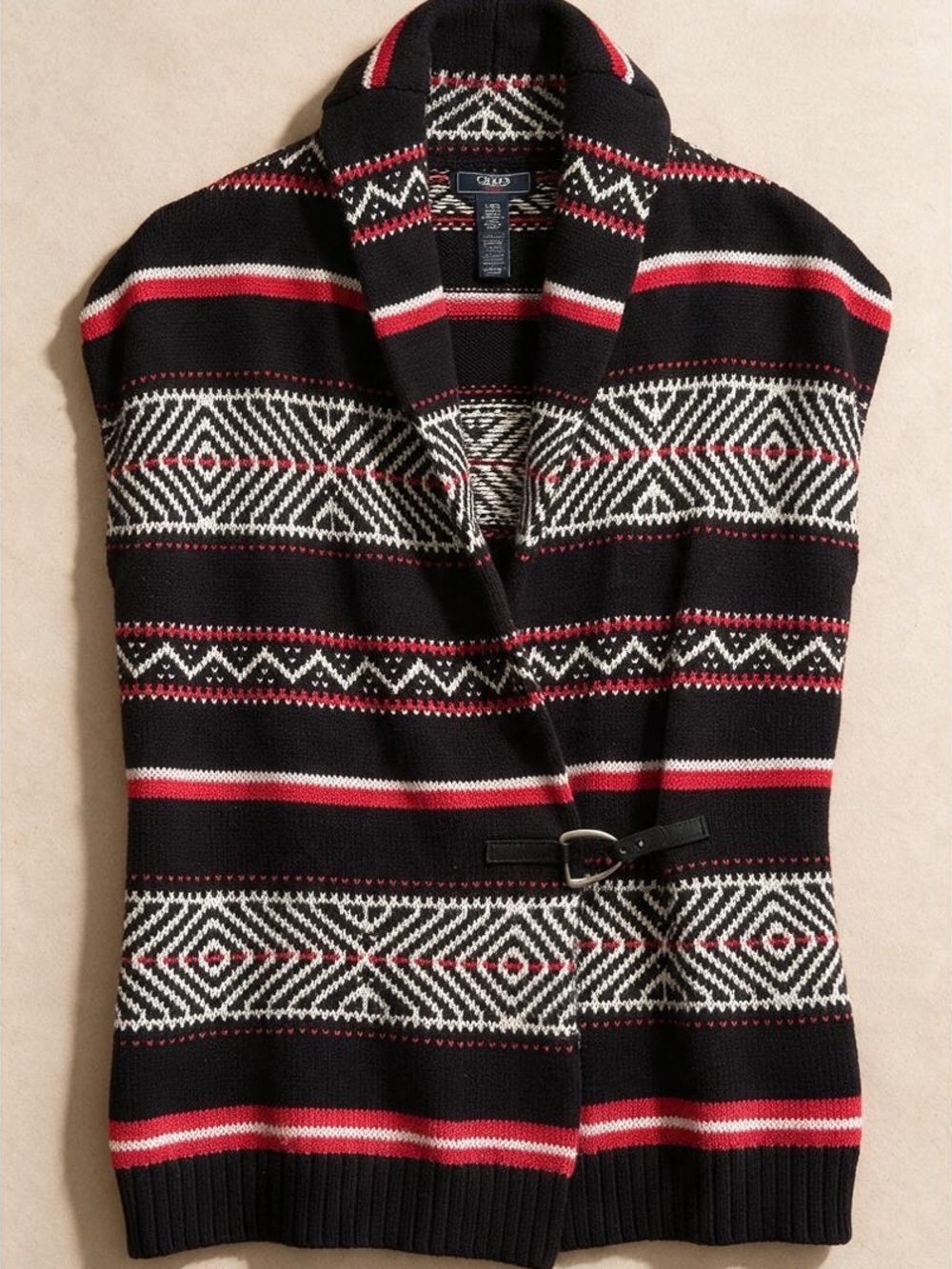 CHAPS Denim Women's L Fair Isle Aztec Sweater Vest Shawl Collar Buckle Black Red
